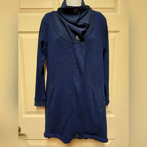 Sympli Sweater/ Jacket /Dress Zip-Up Waffle Navy Button Cowl Neck Pockets Sz8